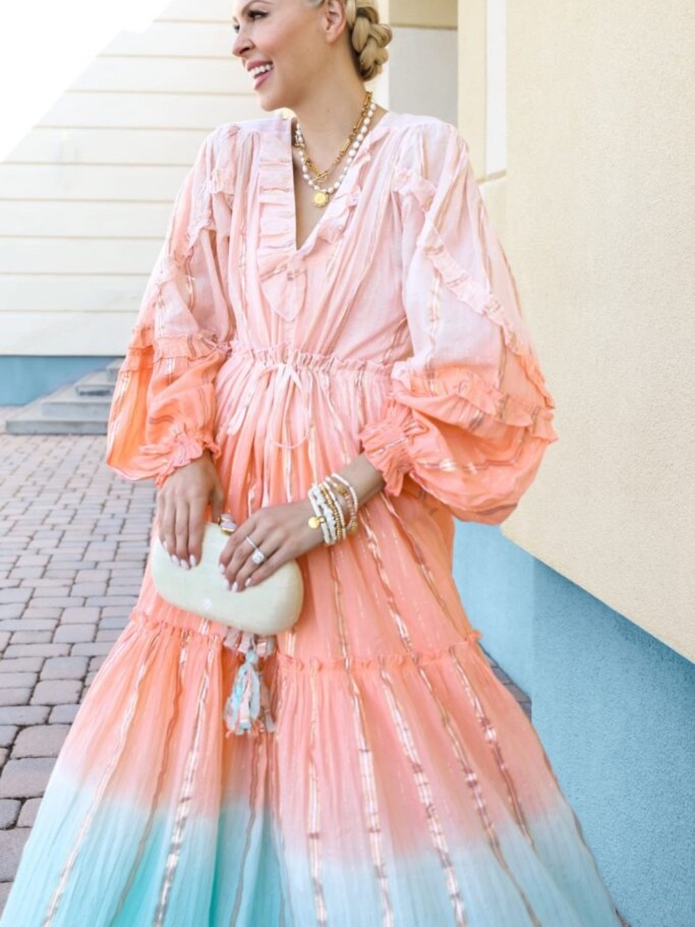 Miss June Paris Ombre Metallic Ruffle Puff Sleeve Maxi Dress Boho Resortwear